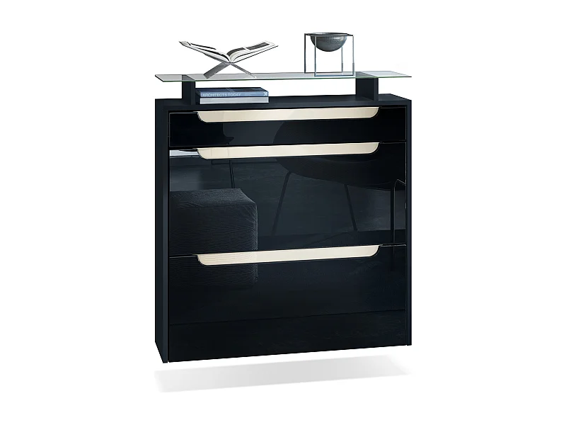 Meuble chaussures Annie pour 16 paires de chaussures avec 2 clapets et 1 tablette en verre, Noir mat/Noir haute brillance (89 x 96 x 23 cm)