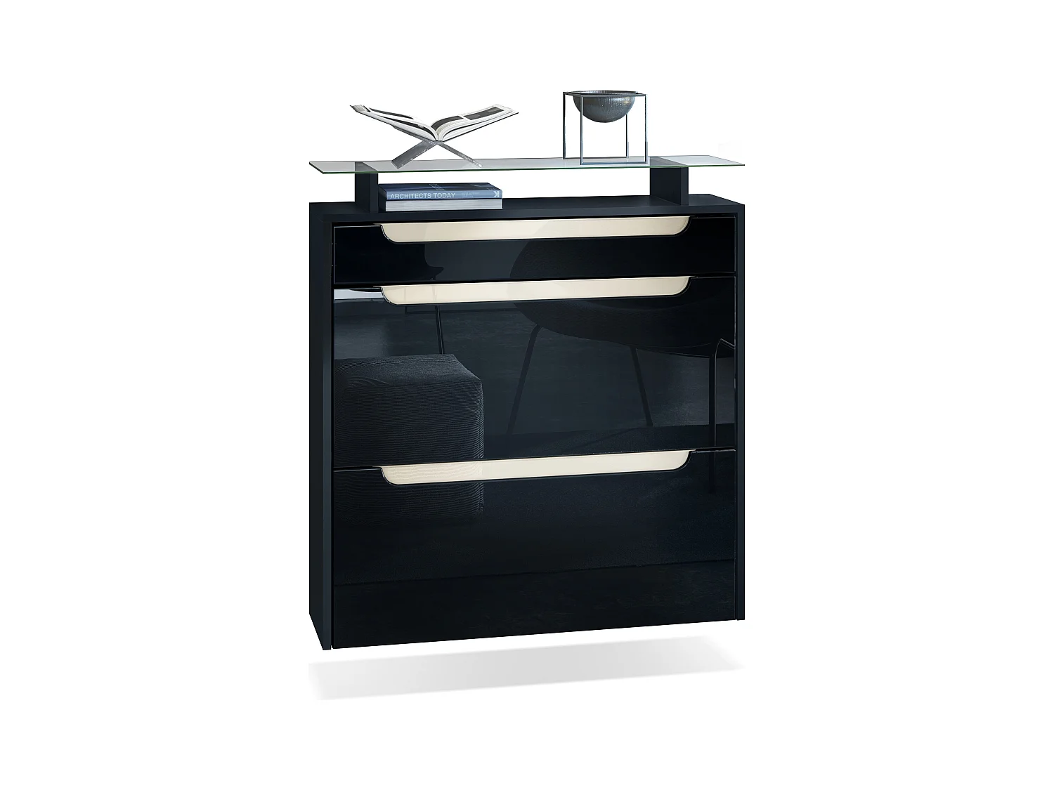 Meuble chaussures Annie pour 16 paires de chaussures avec 2 clapets et 1 tablette en verre, Noir mat/Noir haute brillance (89 x 96 x 23 cm)