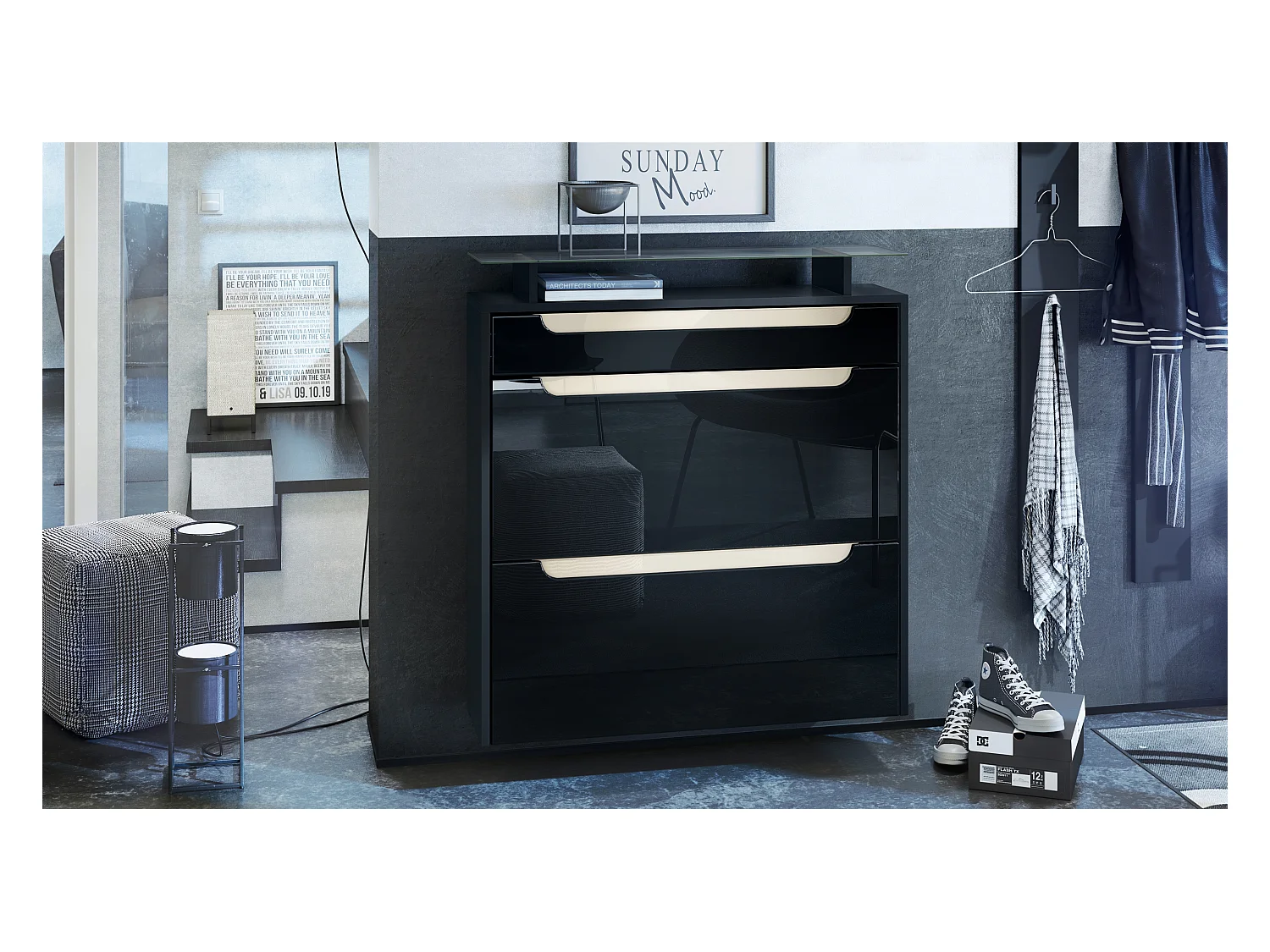 Meuble chaussures Annie pour 16 paires de chaussures avec 2 clapets et 1 tablette en verre, Noir mat/Noir haute brillance (89 x 96 x 23 cm)