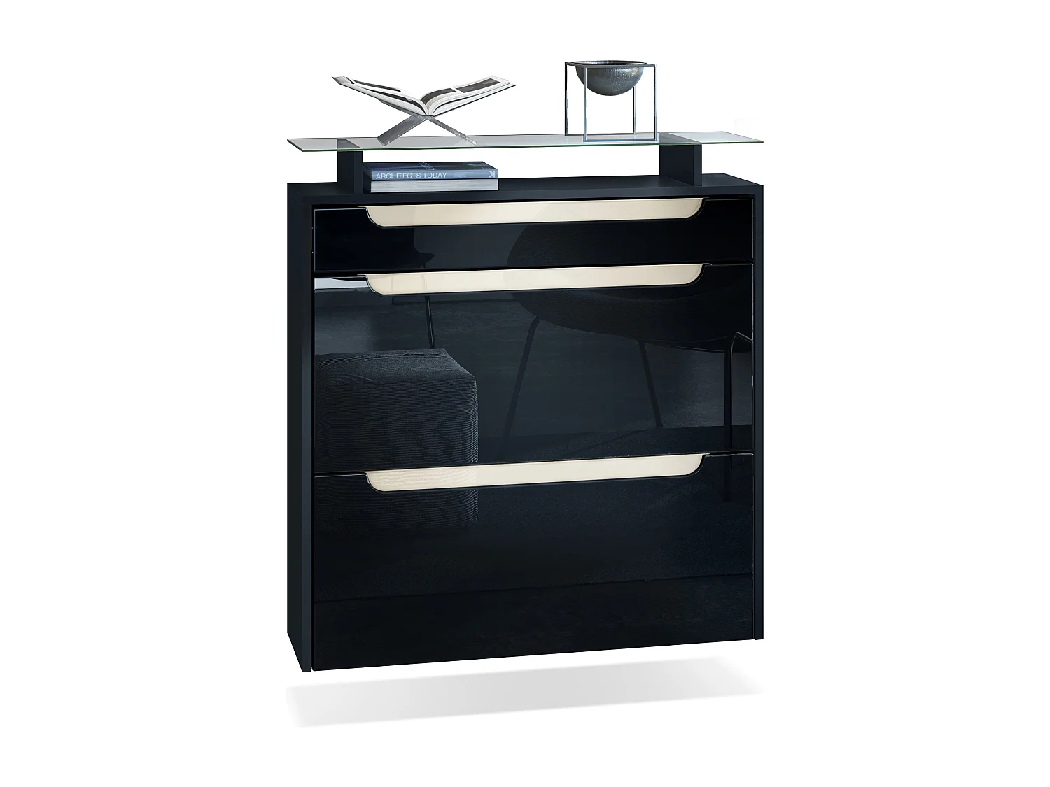 Scarpiera  Annie, mobile per 16 paia di scarpe con 2 ante a ribalta, 1 cassetto e ripiano in vetro, nero opaco/nero lucido/bianco lucido (89 x 96 x 23 cm)