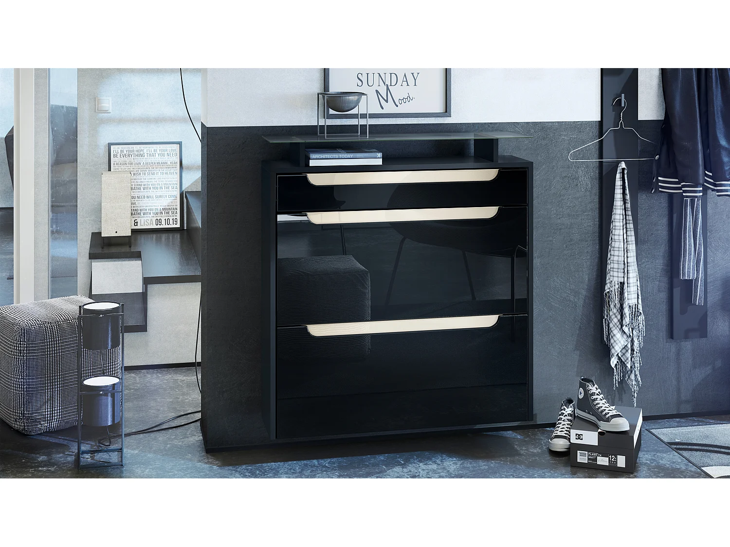 Scarpiera  Annie, mobile per 16 paia di scarpe con 2 ante a ribalta, 1 cassetto e ripiano in vetro, nero opaco/nero lucido/bianco lucido (89 x 96 x 23 cm)