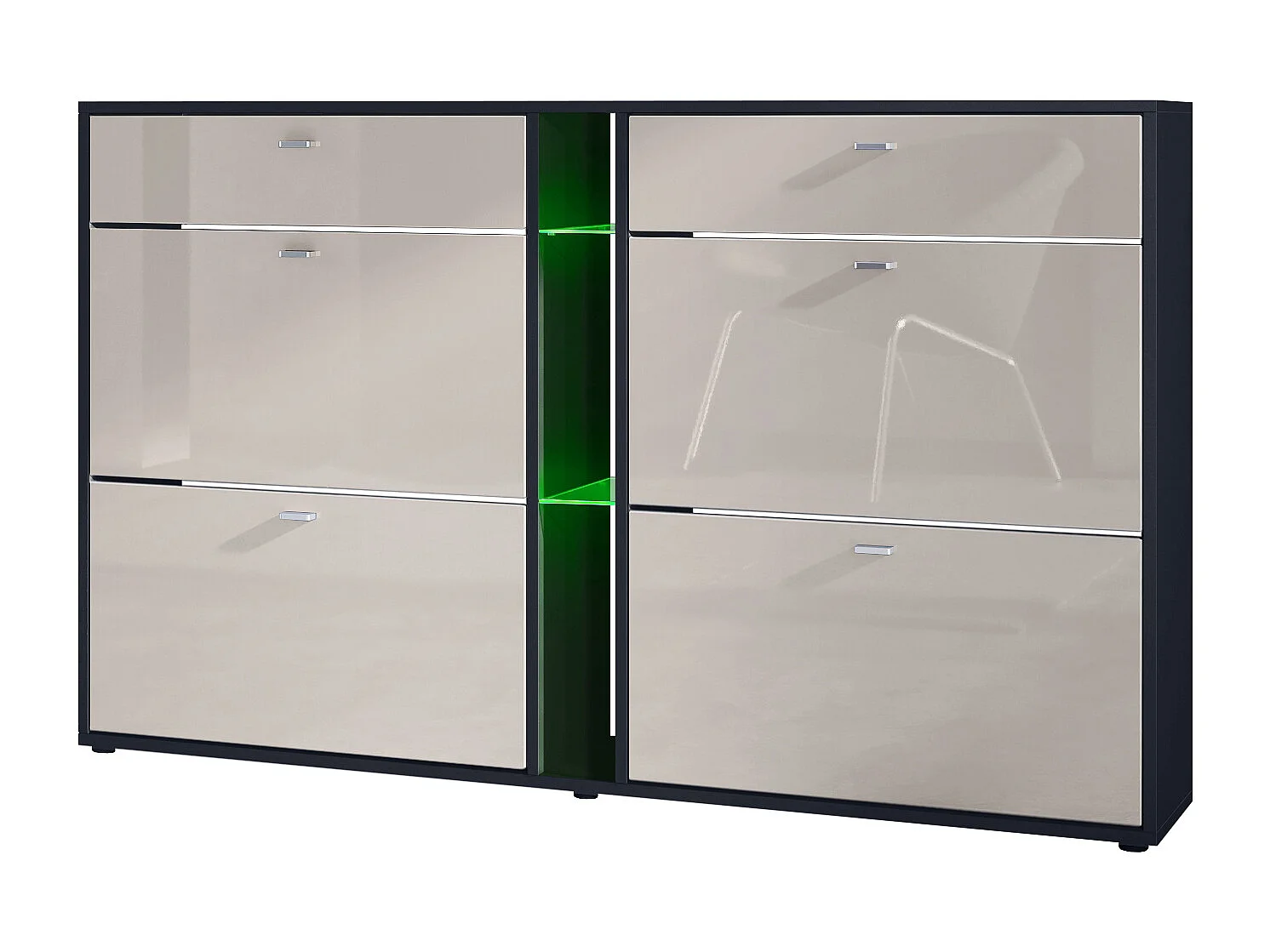 Scarpiera Today con 4 ante e 2 cassetti 155,5 x 95 x 28 cm, con illuminazione a LED RGB, struttura in nero opaco, frontali in grigio sabbia lucido