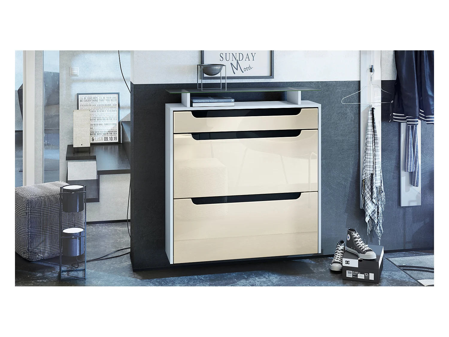 Meuble chaussures Annie pour 16 paires de chaussures avec 2 clapets et 1 tablette en verre, Blanc mat/Crème haute brillance (89 x 96 x 23 cm)