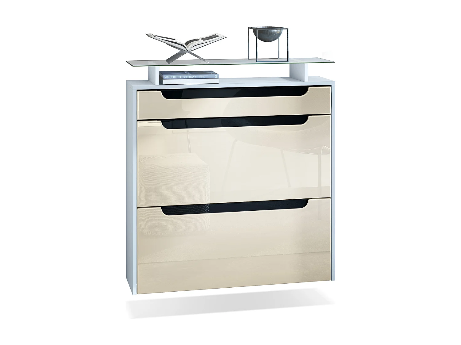 Scarpiera  Annie per 16 paia di scarpe con 2 ante a ribalta e ripiano in vetro, bianco opaco/crema lucido (89 x 96 x 23 cm)