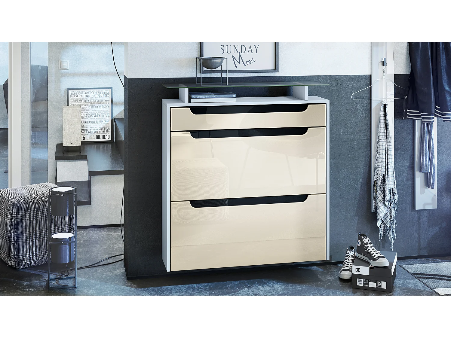 Scarpiera  Annie per 16 paia di scarpe con 2 ante a ribalta e ripiano in vetro, bianco opaco/crema lucido (89 x 96 x 23 cm)