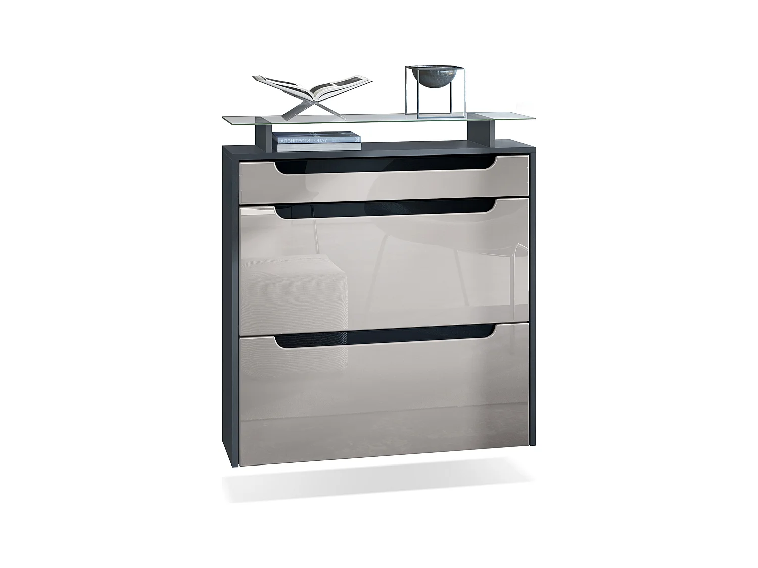 SCHUHSCHRANK Annie Fronten in Sandgrau Hochglanz, Griffmulden in Schwarz Hochglanz