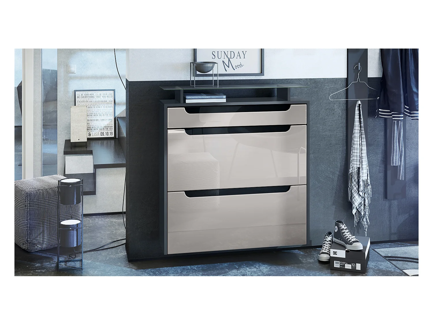 SCHUHSCHRANK Annie Fronten in Sandgrau Hochglanz, Griffmulden in Schwarz Hochglanz