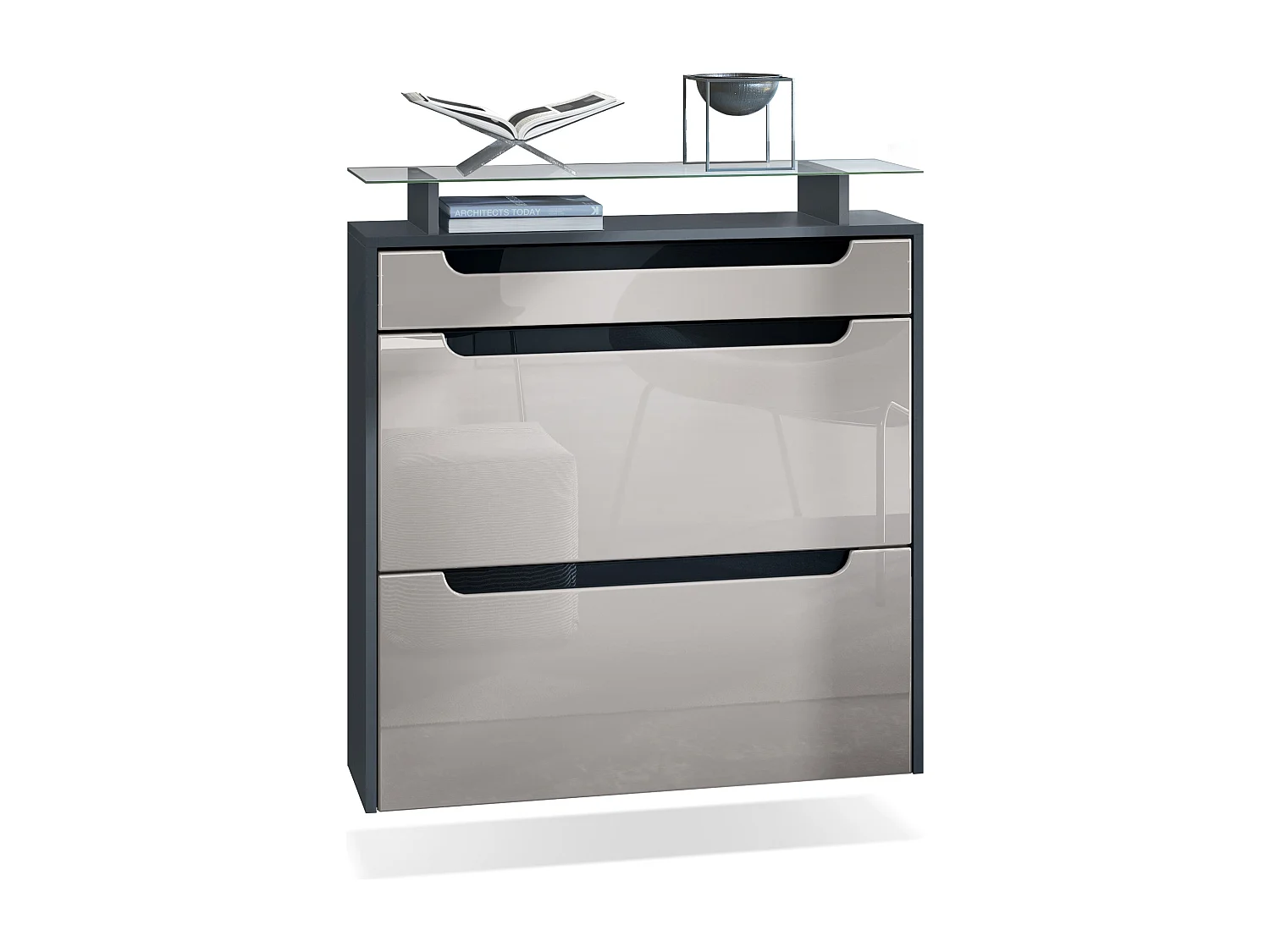 SCHUHSCHRANK Annie Fronten in Sandgrau Hochglanz, Griffmulden in Schwarz Hochglanz