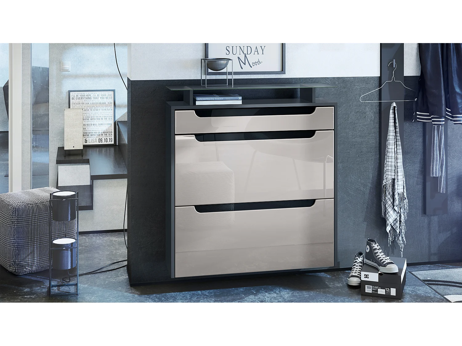 SCHUHSCHRANK Annie Fronten in Sandgrau Hochglanz, Griffmulden in Schwarz Hochglanz