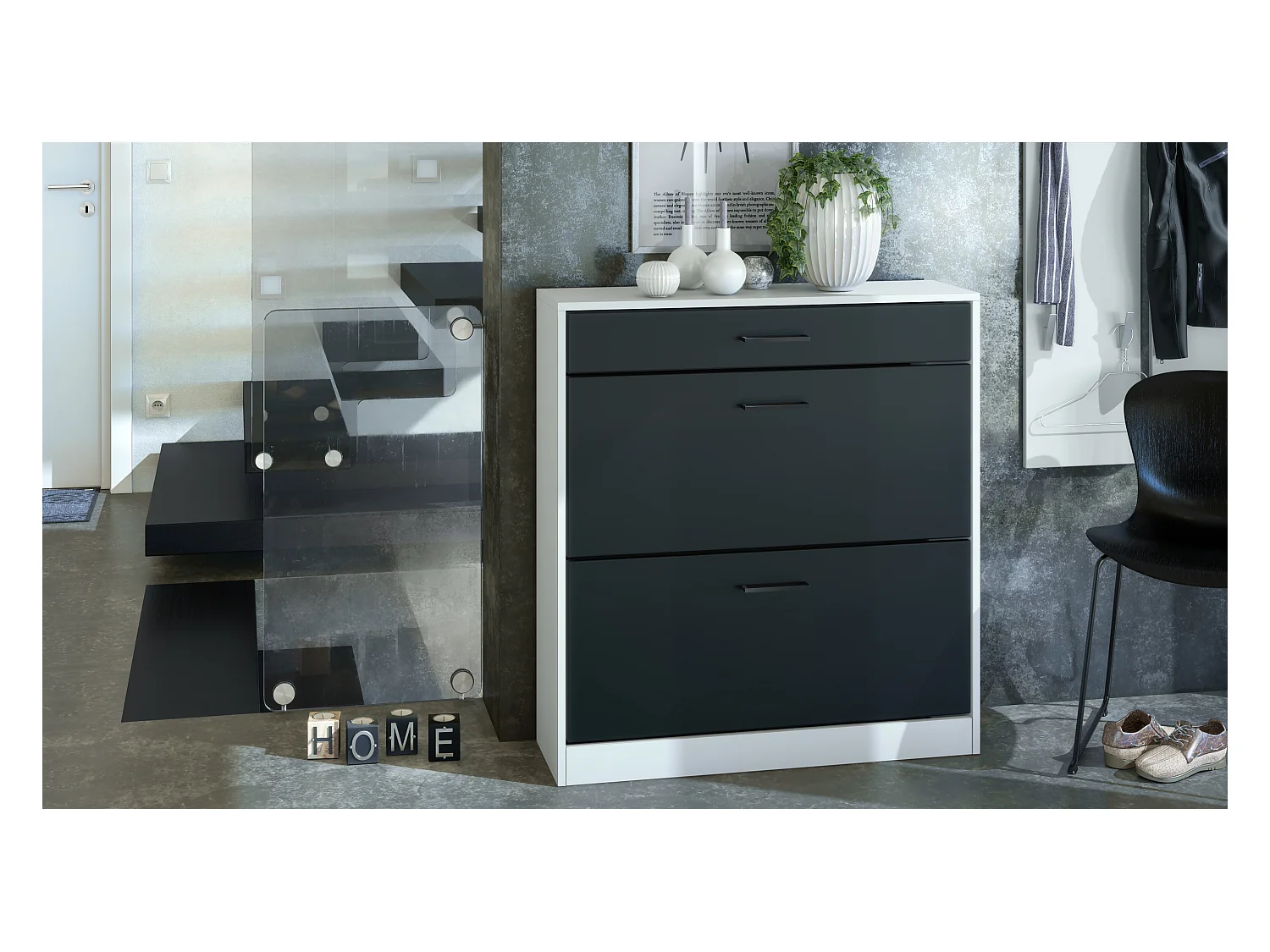 Armoire à chaussures inclinable Elvas 89 x 95,5 x 27 cm, caisson en blanc mat, façade en Noir mat