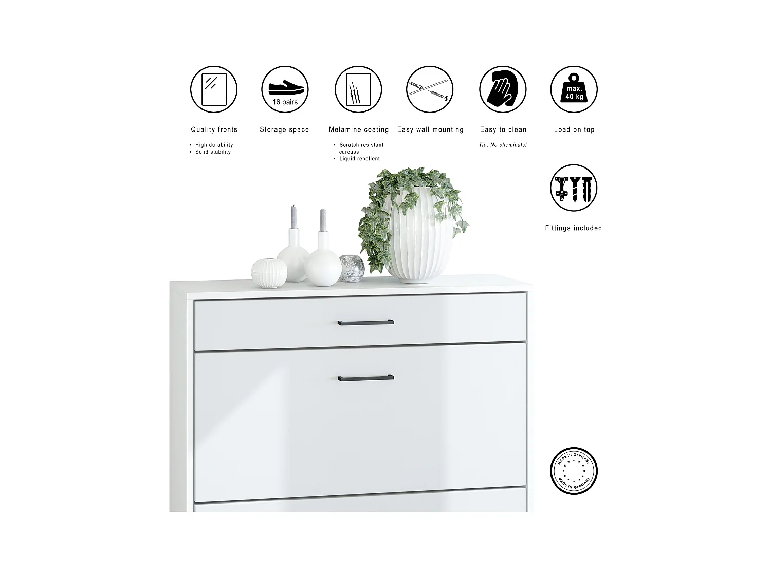 Armoire à chaussures inclinable Elvas 89 x 95,5 x 27 cm, caisson en blanc mat, façade en Noir mat