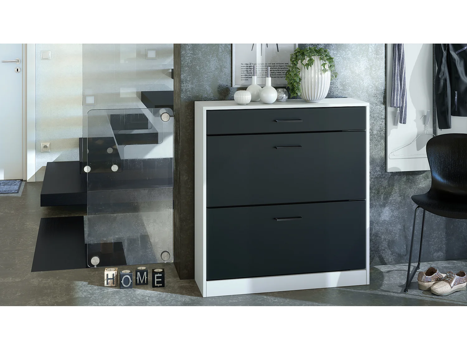 Mobiletto ribaltabile per scarpe Elvas 89 x 95,5 x 27 cm, Carcassa in bianco opaco, frontale in nero opaco | Molteplici opzioni di colore