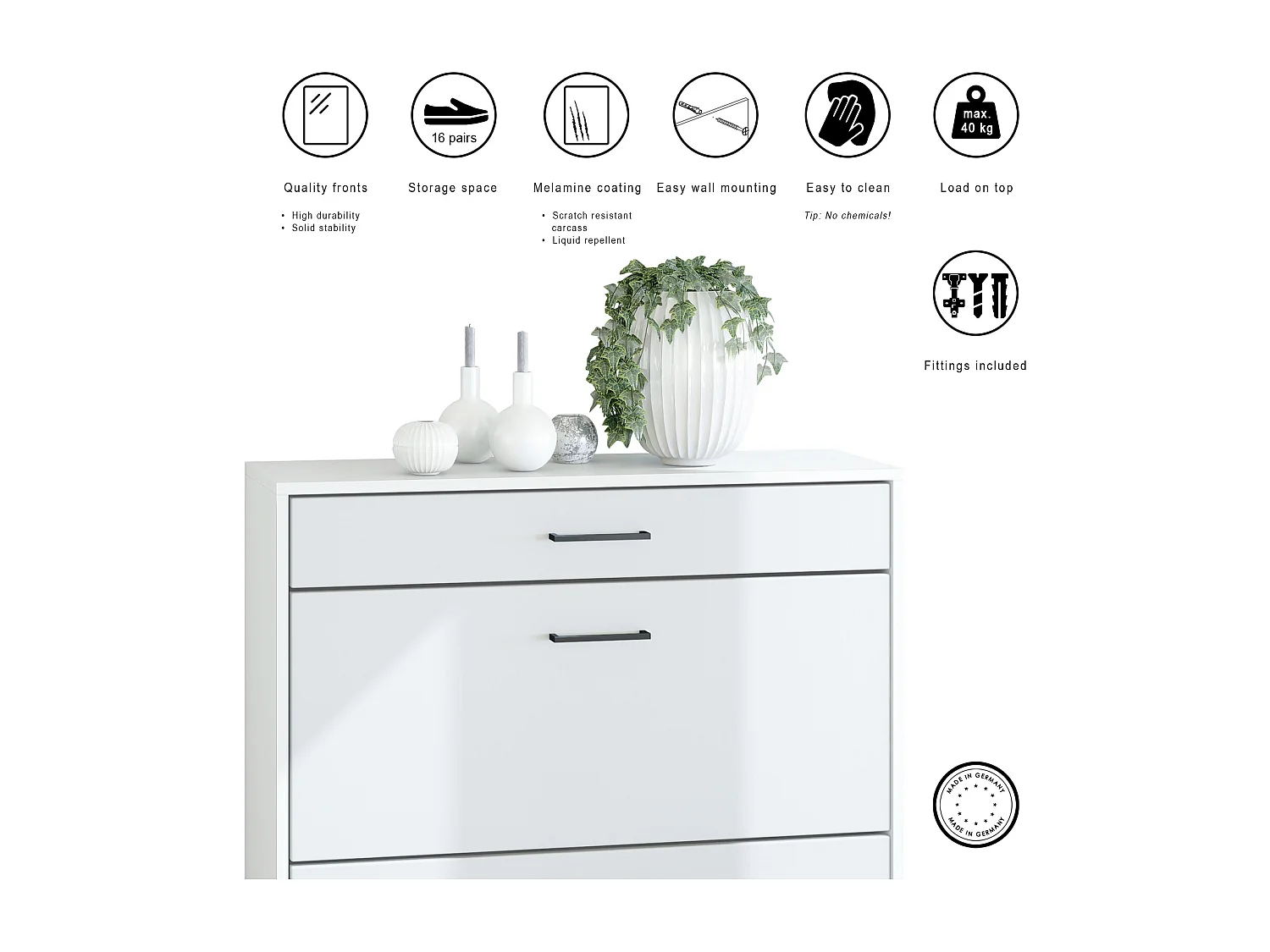 Mobiletto ribaltabile per scarpe Elvas 89 x 95,5 x 27 cm, Carcassa in bianco opaco, frontale in nero opaco | Molteplici opzioni di colore