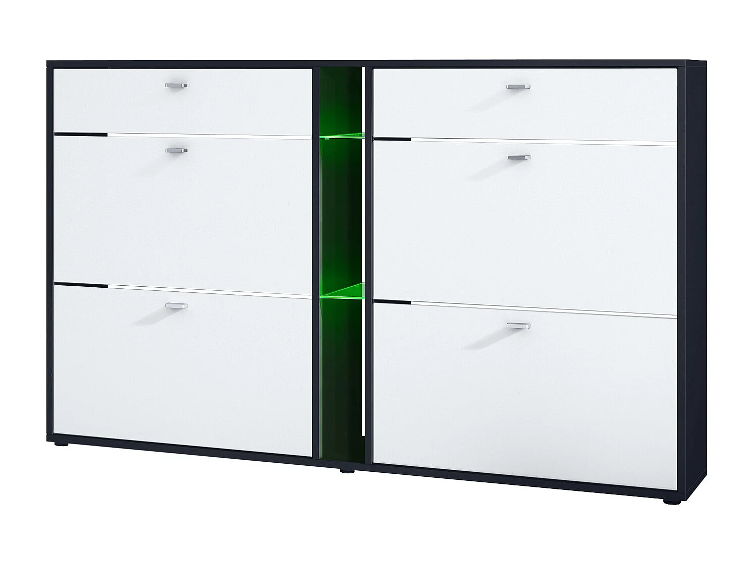 Scarpiera Today con 4 ante e 2 cassetti 155,5 x 95 x 28 cm, con illuminazione a LED RGB, struttura in nero opaco, frontali in bianco opaco