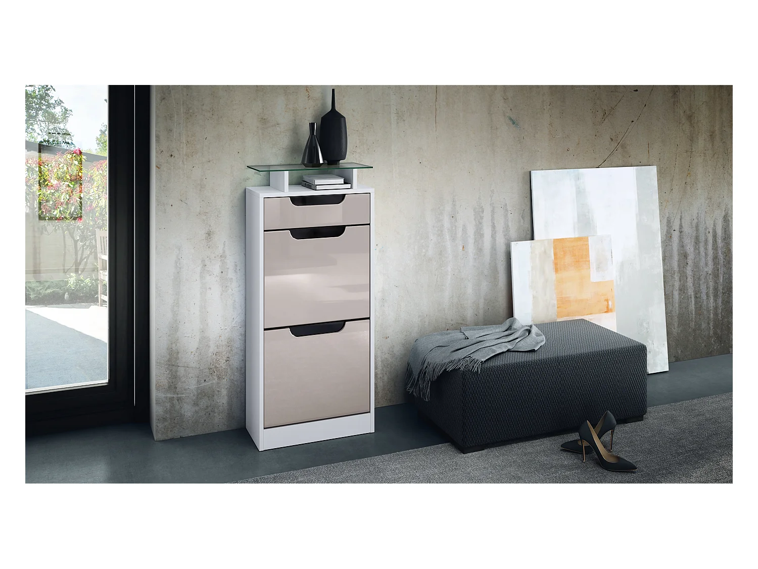 SCHUHSCHRANK Fiesta Sandgrau Hochglanz / Schwarz Hochglanz