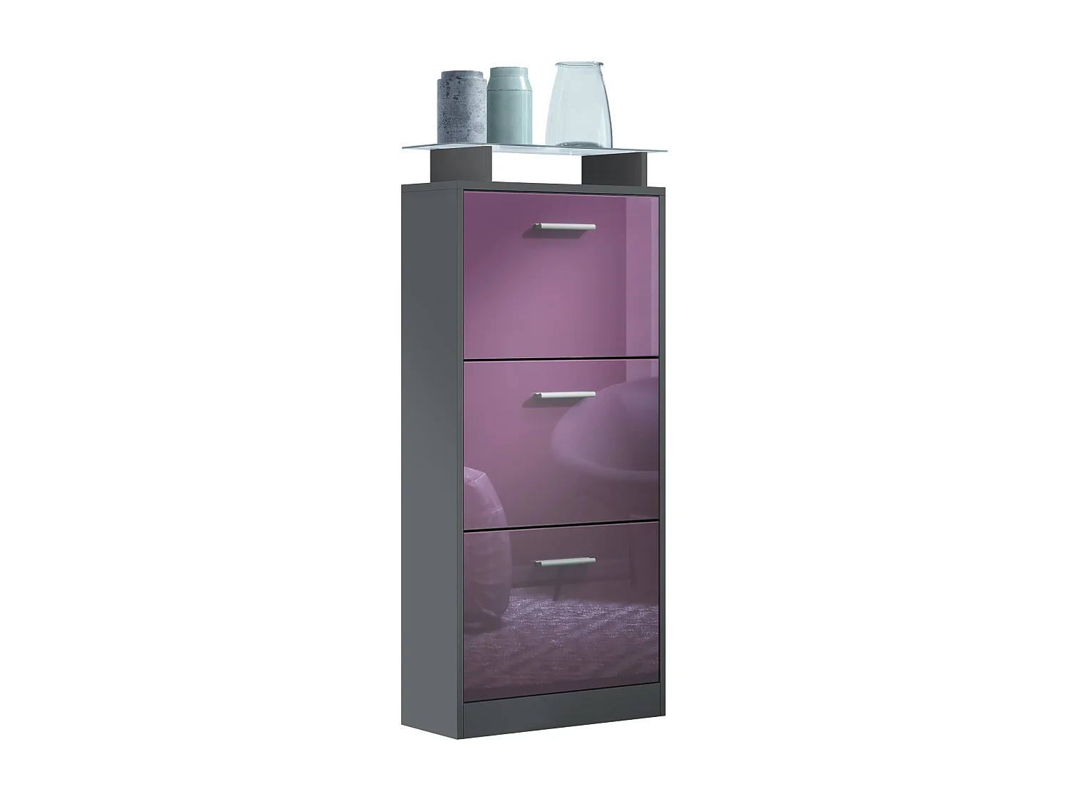 Vladon Scarpiera Lavia V2, Scarpiera per 12 Paia di Scarpe con 3 Ribalte e Mensola in Vetro, antracite opaco /violetto porpora lucido (46 x 128 x 23 cm)