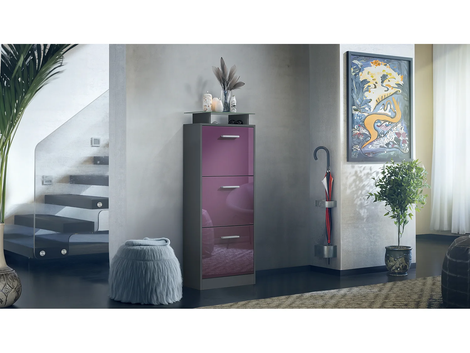 Vladon Scarpiera Lavia V2, Scarpiera per 12 Paia di Scarpe con 3 Ribalte e Mensola in Vetro, antracite opaco /violetto porpora lucido (46 x 128 x 23 cm)