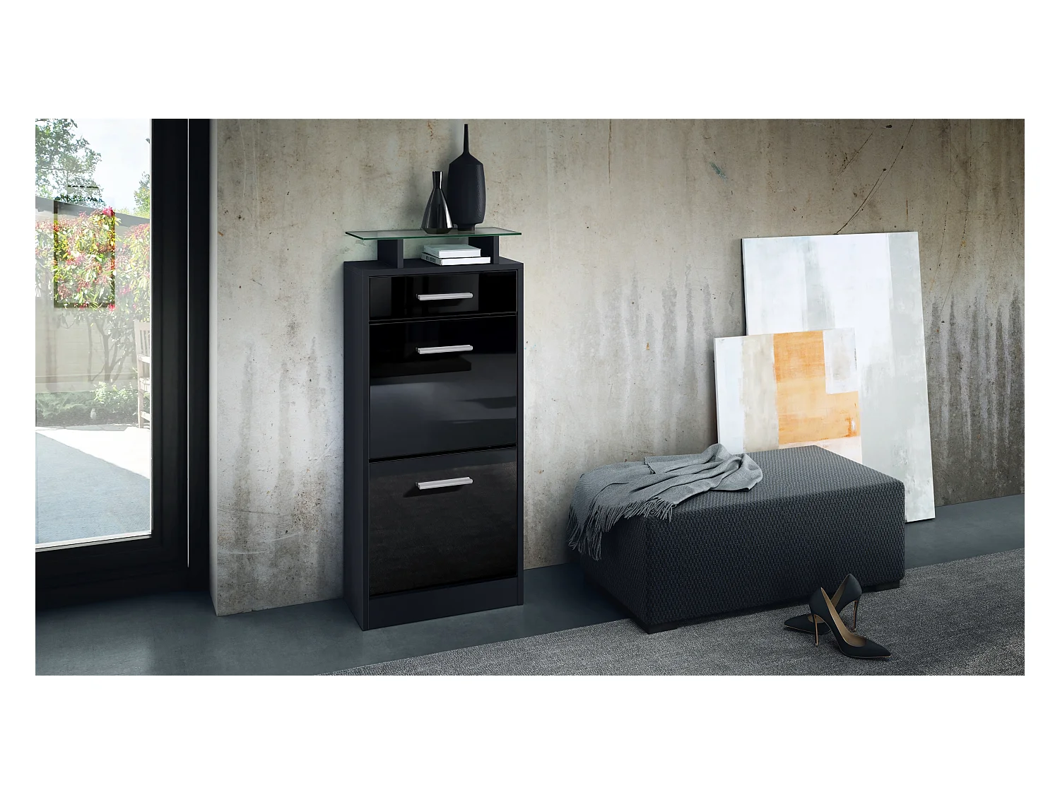 Meuble chaussure Loret V2, Étagère à chaussures pour 8 paires de chaussures avec 2 clapets, 1 tiroir, Noir mat/Noir brillant (46 x 104 x 23 cm)