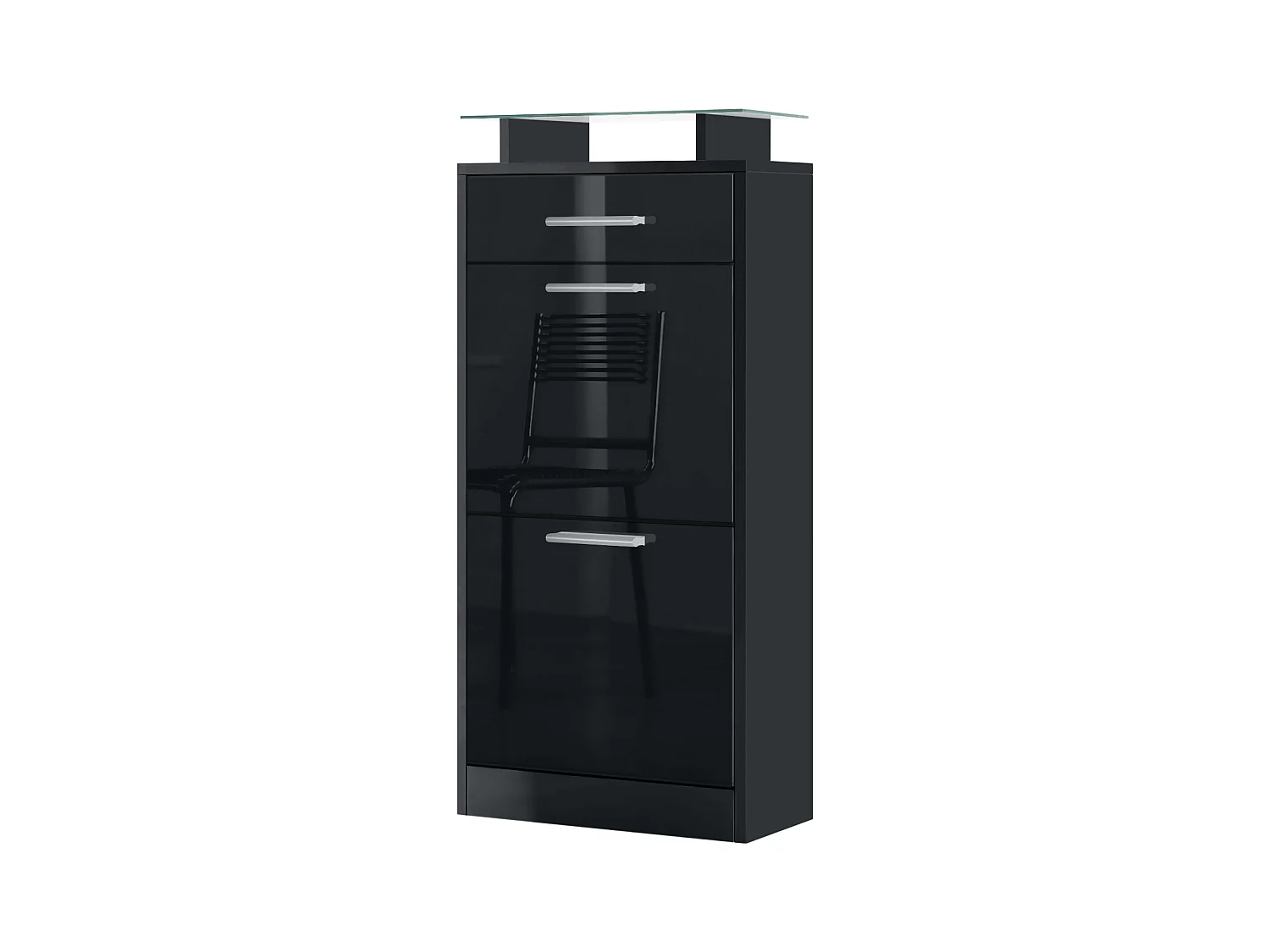 Meuble chaussure Loret V2, Étagère à chaussures pour 8 paires de chaussures avec 2 clapets, 1 tiroir, Noir mat/Noir brillant (46 x 104 x 23 cm)