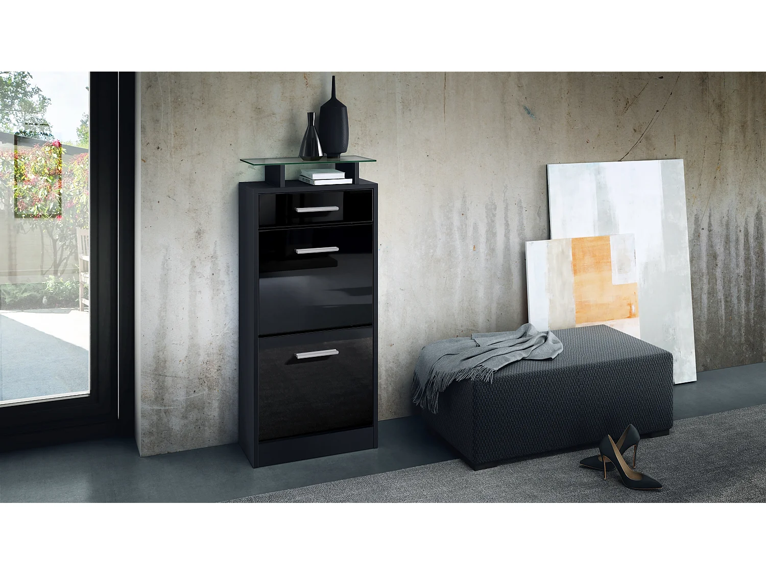 Loret V2, Scarpiera per 8 paia di scarpe con 2 ante a ribalta, 1 cassetto e ripiano in vetro, nero opaco/nero lucido (46 x 104 x 23 cm)