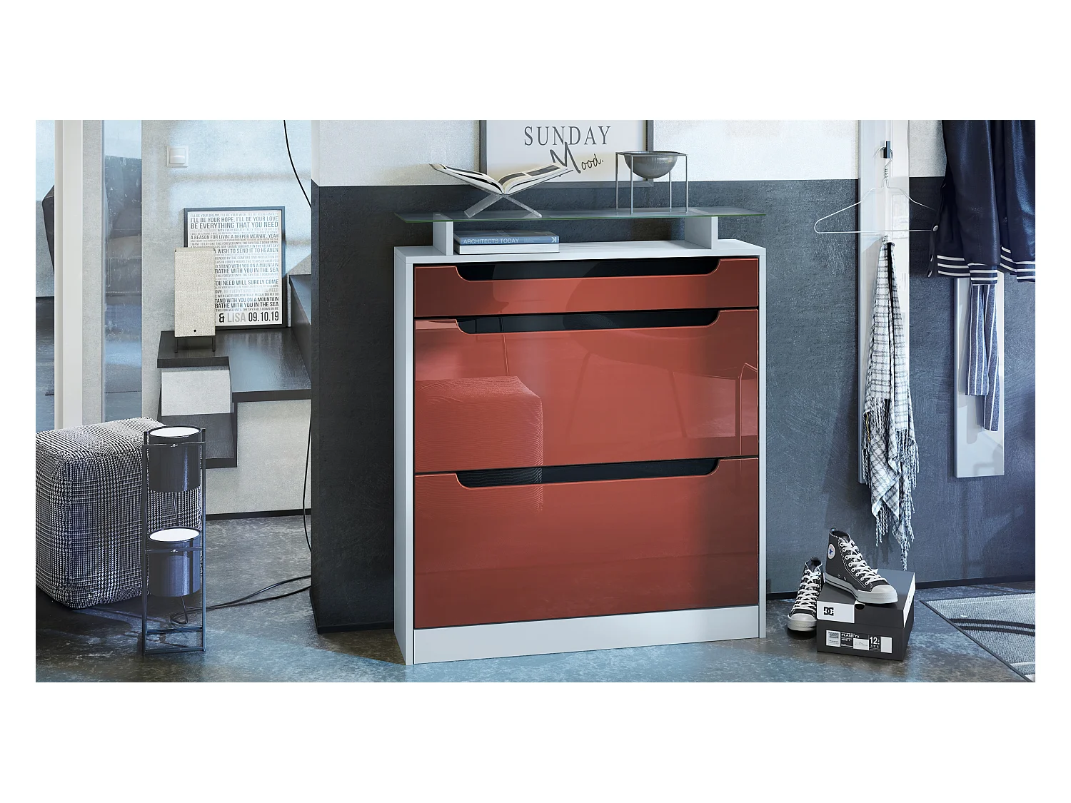 SCHUHSCHRANK Fiesta Bordeaux Hochglanz / Schwarz Hochglanz