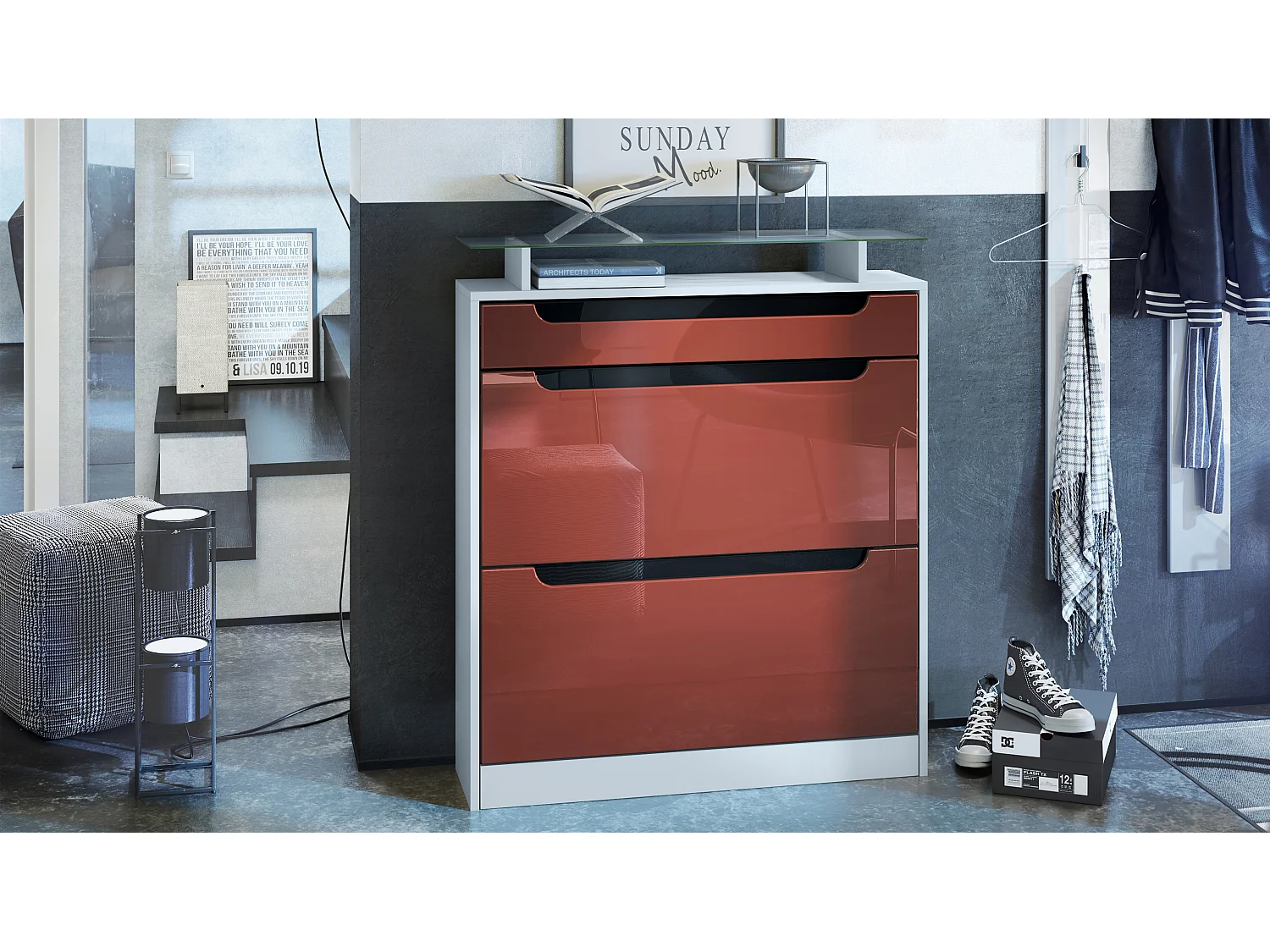 Armoire à chaussures Fiesta, blanc mat/bordeaux haute brillance/noir haute brillance - basculeur pour 16 paires de chaussures (89 x 104 x 23 cm)