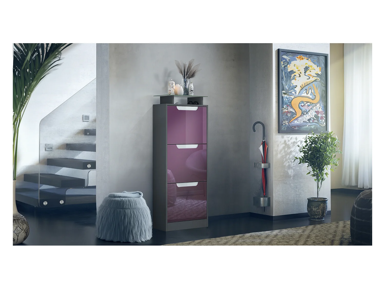 Meuble à chaussures Space V2, Range-chaussures pour 12 paires de chaussures avec 3 abattants et étagère en verre, anthracite mat/mûre brillant (46x128x23 cm)