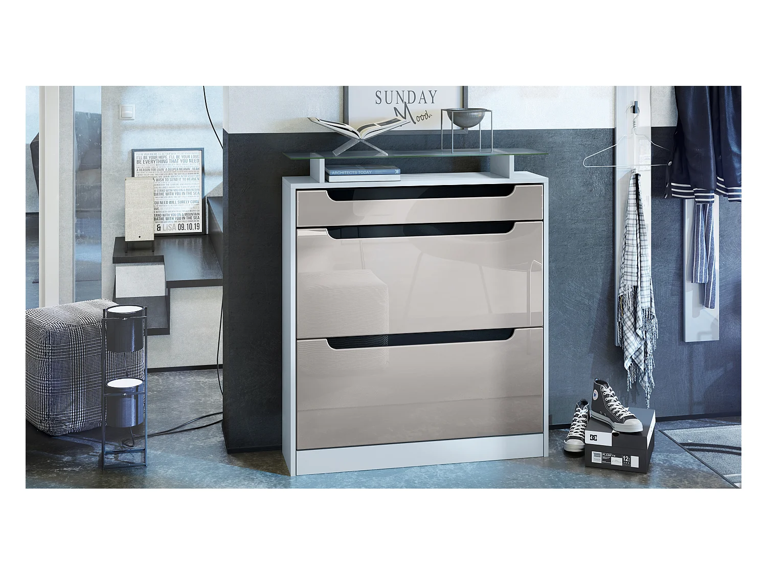 SCHUHSCHRANK Fiesta Sandgrau Hochglanz / Schwarz Hochglanz