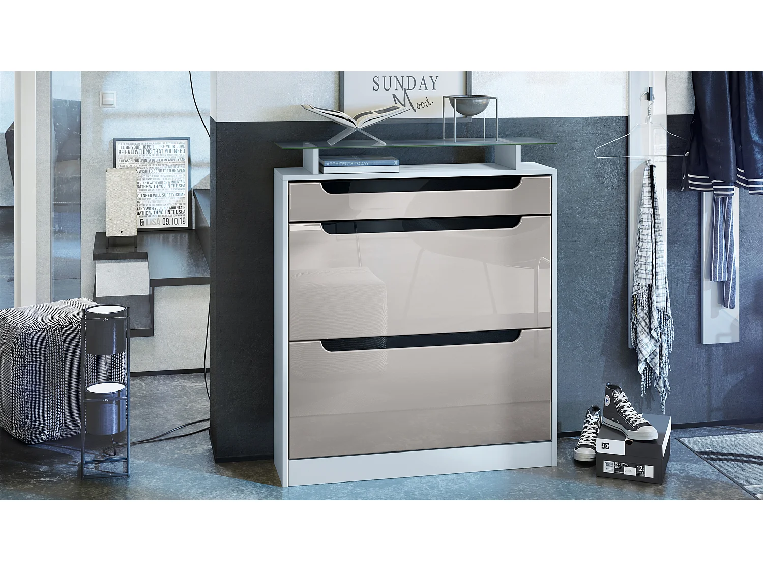 Armoire à chaussures Fiesta, blanc mat/gris sable haute brillance/noir haute brillance - basculeur pour 16 paires de chaussures (89 x 104 x 23 cm)