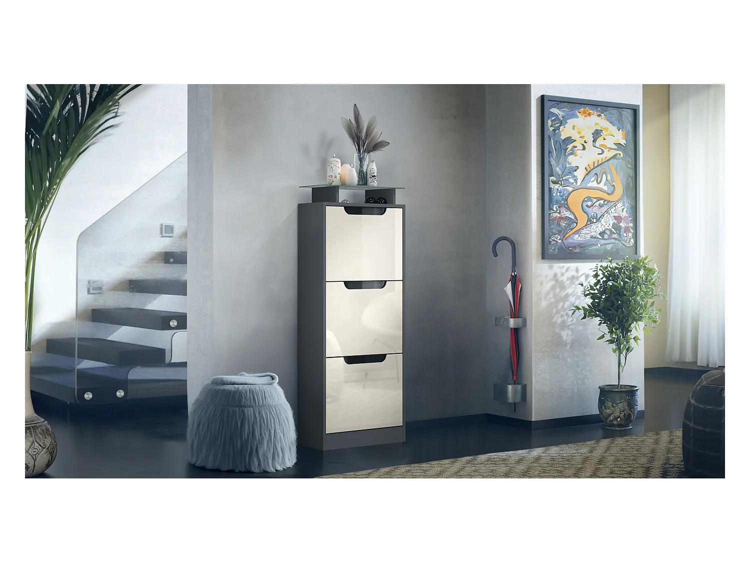 Meuble à chaussures Space V2, Range-chaussures pour 12 paires de chaussures avec 3 abattants et étagère en verre, anthracite mat/crème brillant (46x128x23 cm)