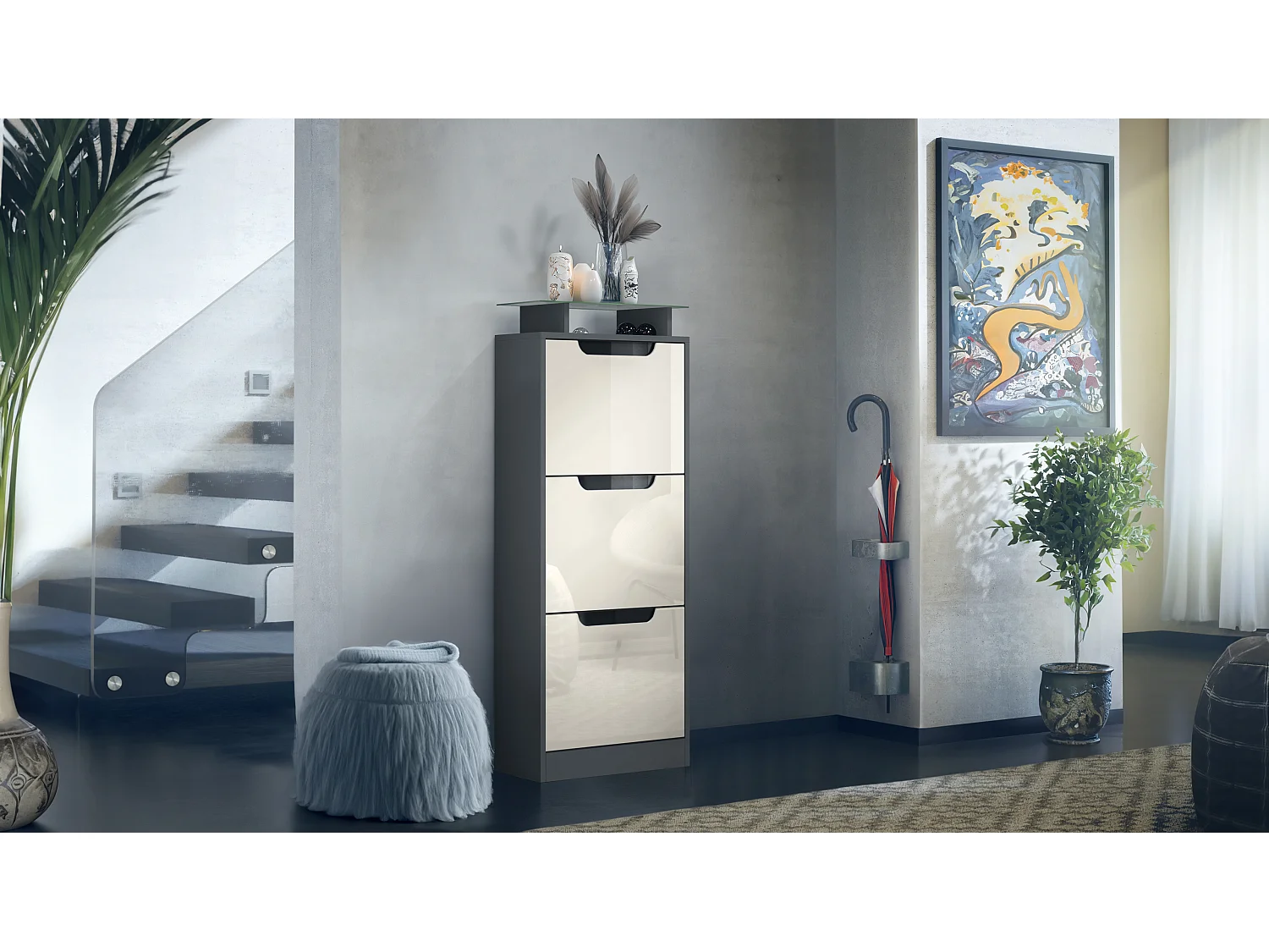 Vladon Scarpiera Space V2, Scarpiera per 12 paia di scarpe con 3 ribalte e ripiano in vetro, antracite opaco /beige lucido (46 x 128 x 23 cm)