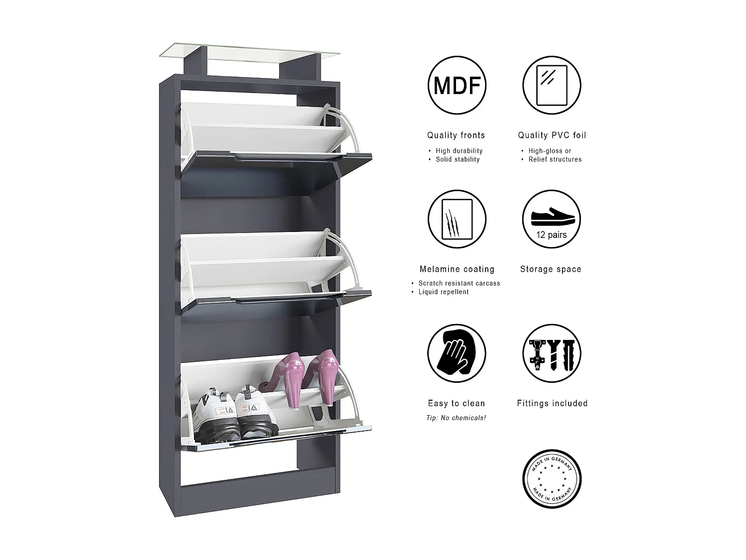 Vladon Scarpiera Space V2, Scarpiera per 12 paia di scarpe con 3 ribalte e ripiano in vetro, antracite opaco /beige lucido (46 x 128 x 23 cm)