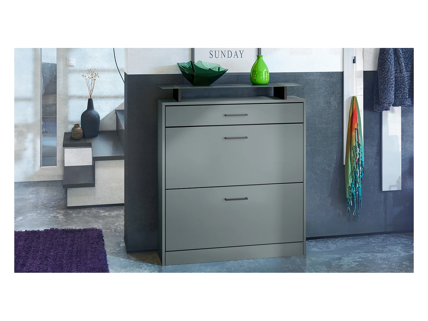 Meuble à chaussures Enigma, range-chaussures pour 16 paires avec 2 abattants, 1 tiroir et tablette en verre, Fjord vert (89 x 104 x 23 cm)