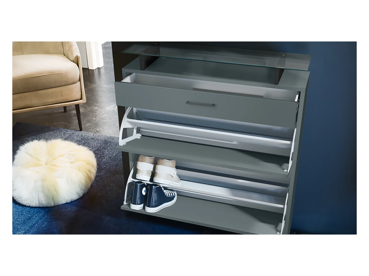 Meuble à chaussures Enigma, range-chaussures pour 16 paires avec 2 abattants, 1 tiroir et tablette en verre, Fjord vert (89 x 104 x 23 cm)