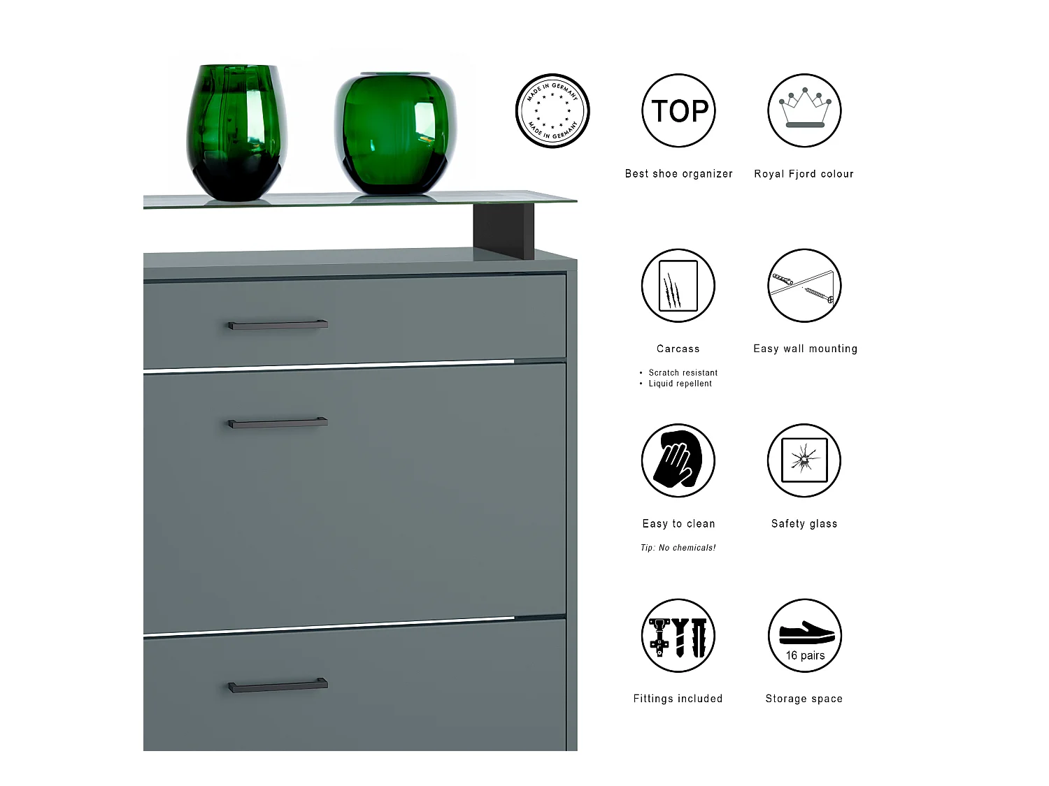 Meuble à chaussures Enigma, range-chaussures pour 16 paires avec 2 abattants, 1 tiroir et tablette en verre, Fjord vert (89 x 104 x 23 cm)