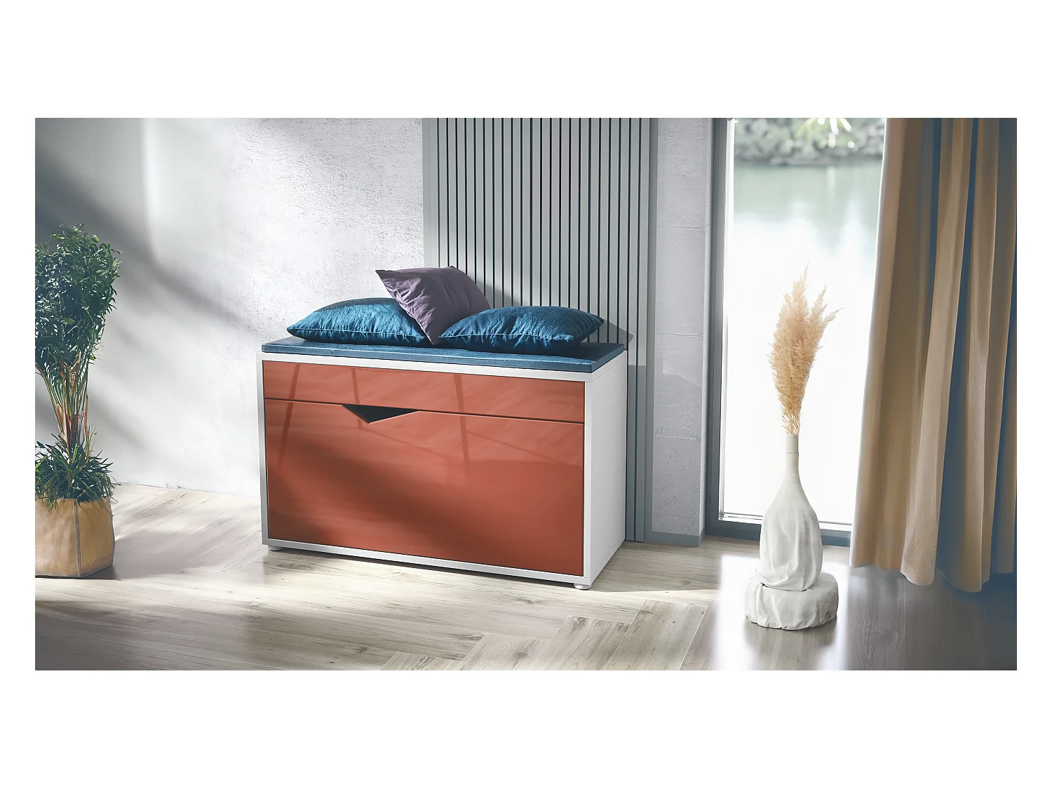 Banc à Chaussures Kolmio, Banc d'Assise pour 8 Paires de Chaussures, Étagère à Chaussures avec Siège, blanc mat/bordeaux haute brillance (85 x 50 x 33 cm)