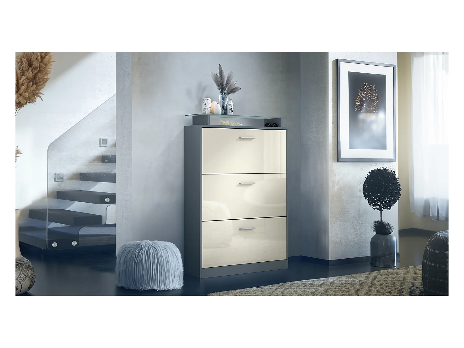 Armoire à chaussures Lavia, benne à chaussures pour 24 paires de chaussures avec 3 abattants et étagère en verre, / (89 x 128 x 23 cm)