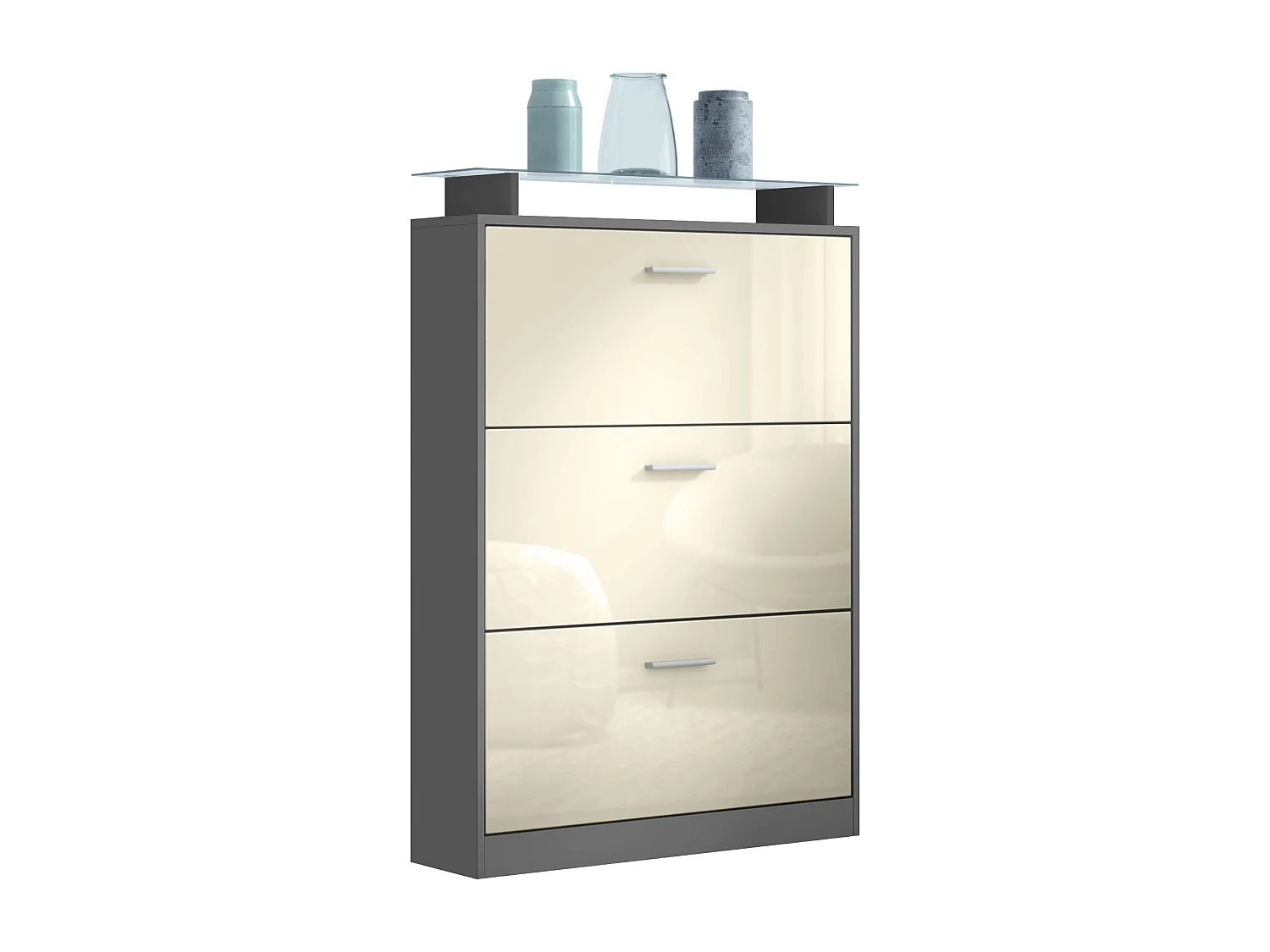 Scarpiera Lavia, Scarpiera a ribalta per 24 paia di scarpe con 3 ante a ribalta e ripiano in vetro, antracite opaco /beige lucido (89 x 128 x 23 cm)