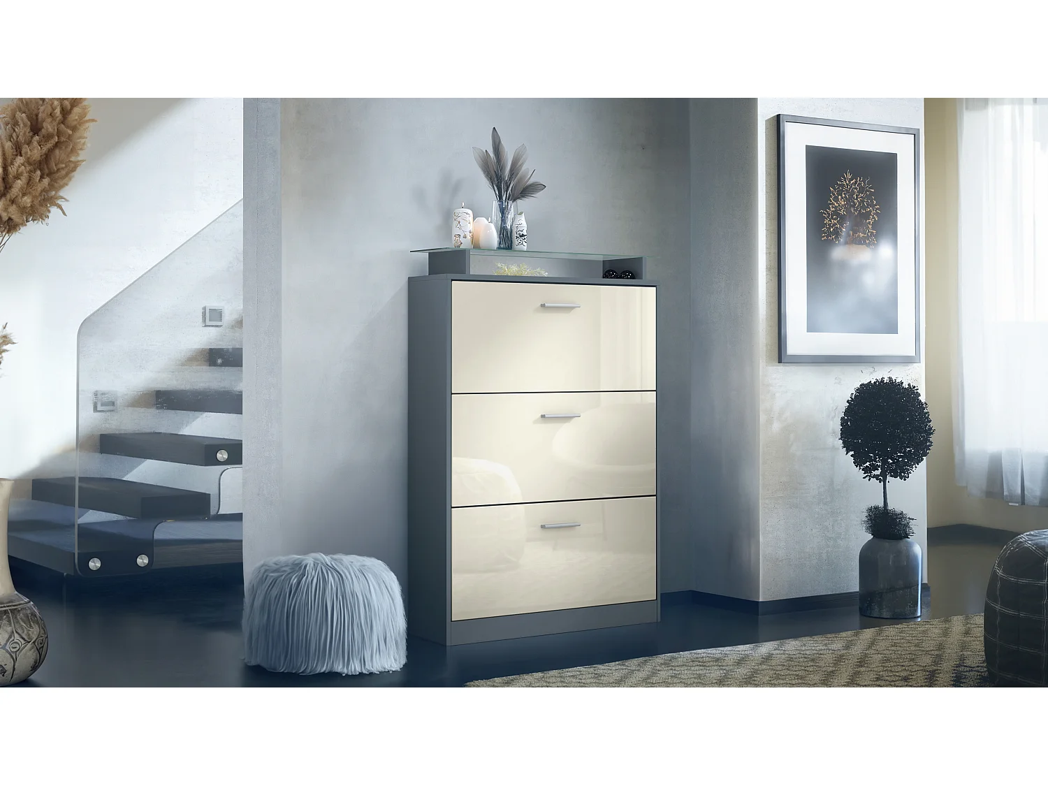 Scarpiera Lavia, Scarpiera a ribalta per 24 paia di scarpe con 3 ante a ribalta e ripiano in vetro, antracite opaco /beige lucido (89 x 128 x 23 cm)