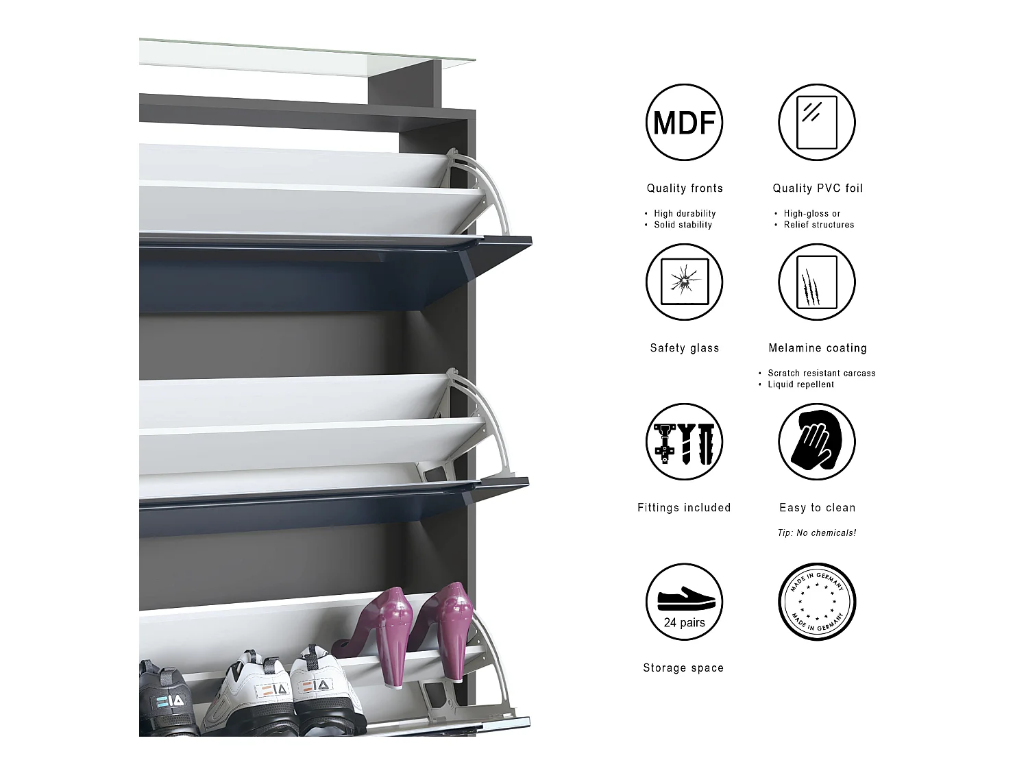 Meuble à chaussures Space, range-chaussures pour 24 paires avec 3 abattants et étagère en verre, anthracite mat/bordeaux haute brillance (89 x 128 x 23 cm)
