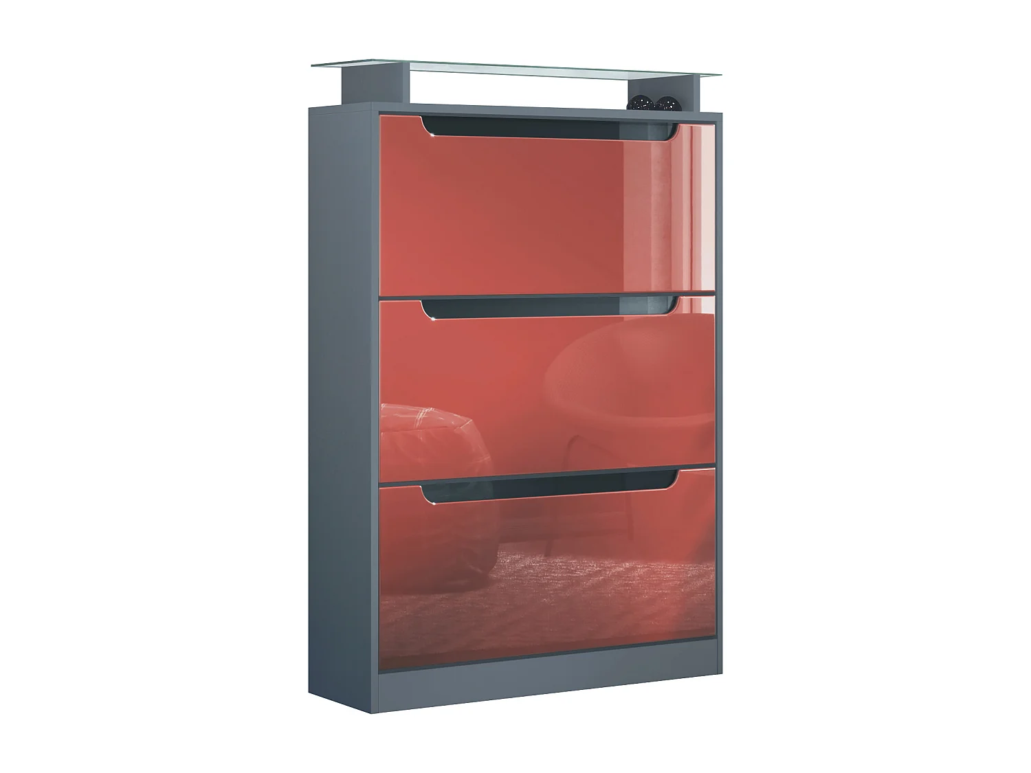 Scarpiera Space, portascarpe per 24 paia con 3 ribalte e ripiano in vetro, antracite opaco/bordeaux lucido (89 x 128 x 23 cm)