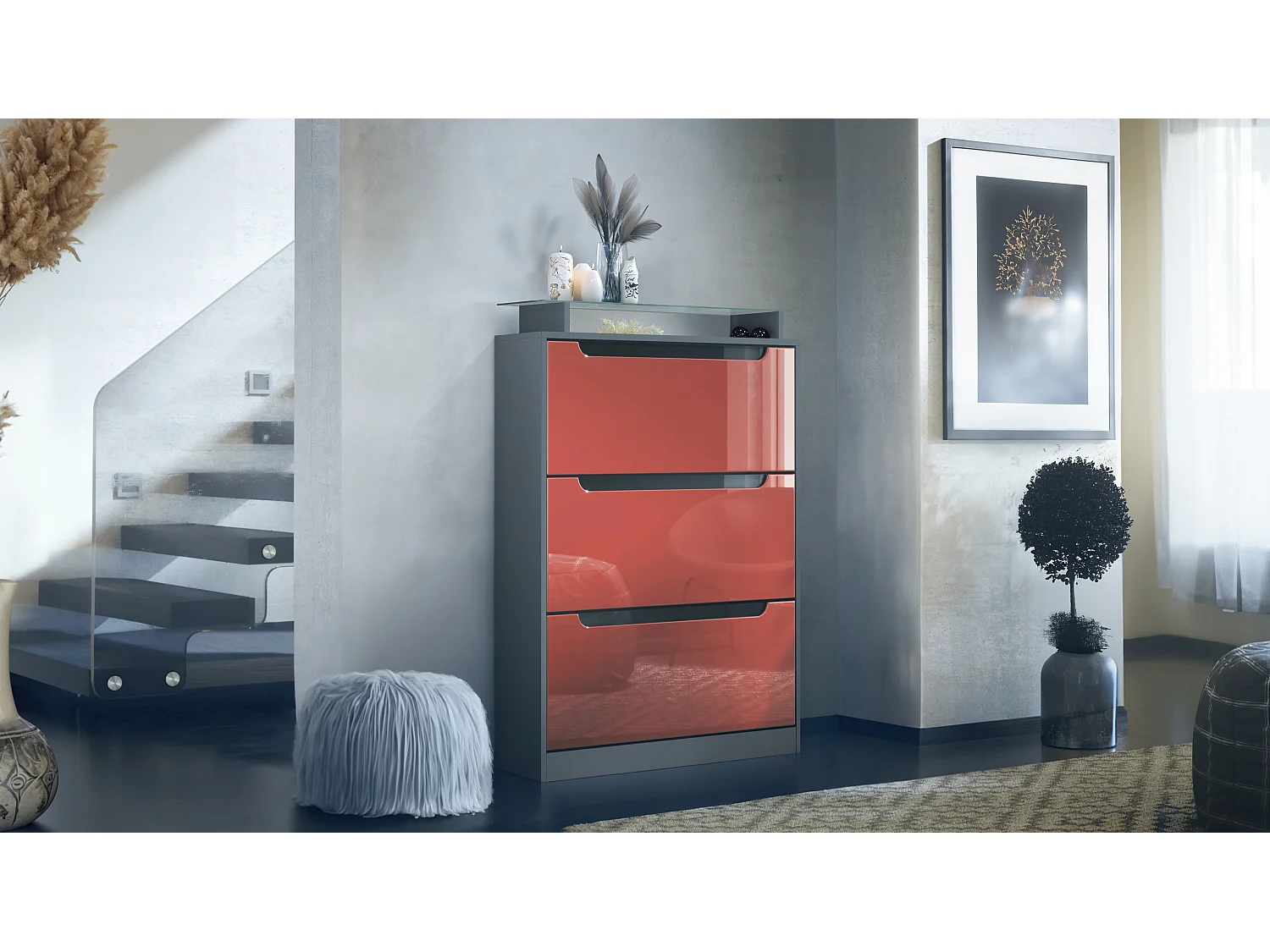 Scarpiera Space, portascarpe per 24 paia con 3 ribalte e ripiano in vetro, antracite opaco/bordeaux lucido (89 x 128 x 23 cm)