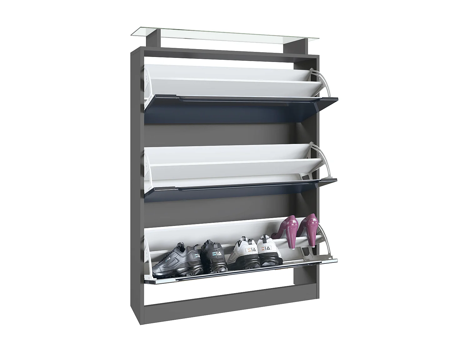 Scarpiera Space, portascarpe per 24 paia con 3 ribalte e ripiano in vetro, antracite opaco/bordeaux lucido (89 x 128 x 23 cm)