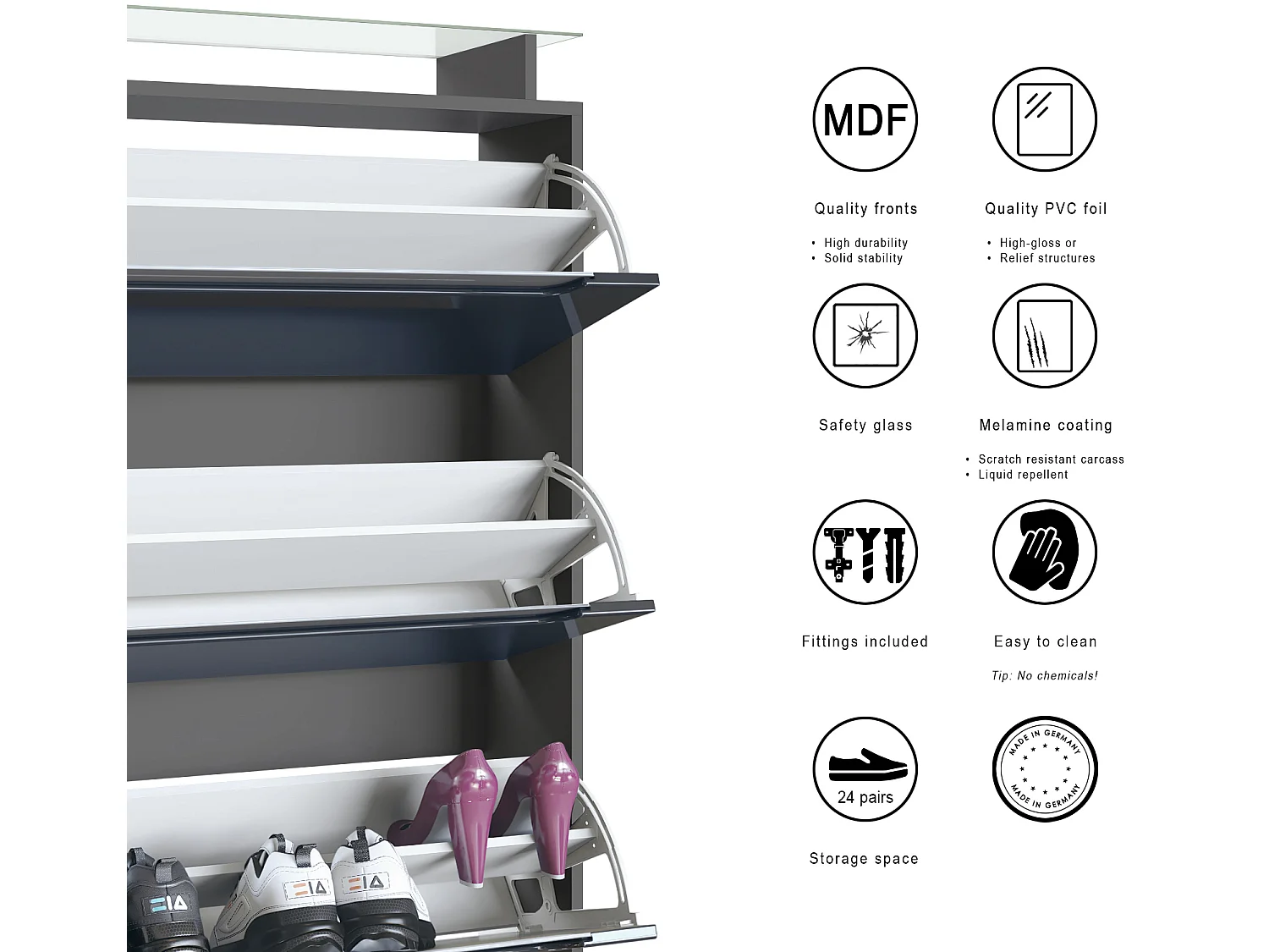Scarpiera Space, portascarpe per 24 paia con 3 ribalte e ripiano in vetro, antracite opaco/bordeaux lucido (89 x 128 x 23 cm)