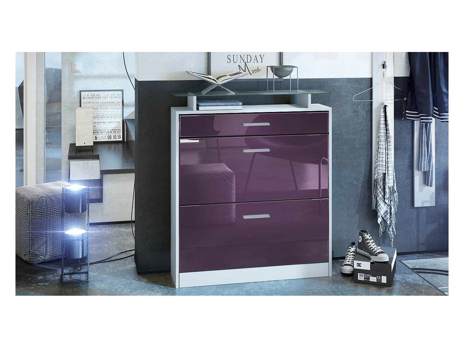 Meuble chaussure Loret, Étagère à chaussures pour 16 paires de chaussures avec 2 clapets à bascule, 1 tiroir, Blanc mat/Mûre brillant (89 x 104 x 23 cm)