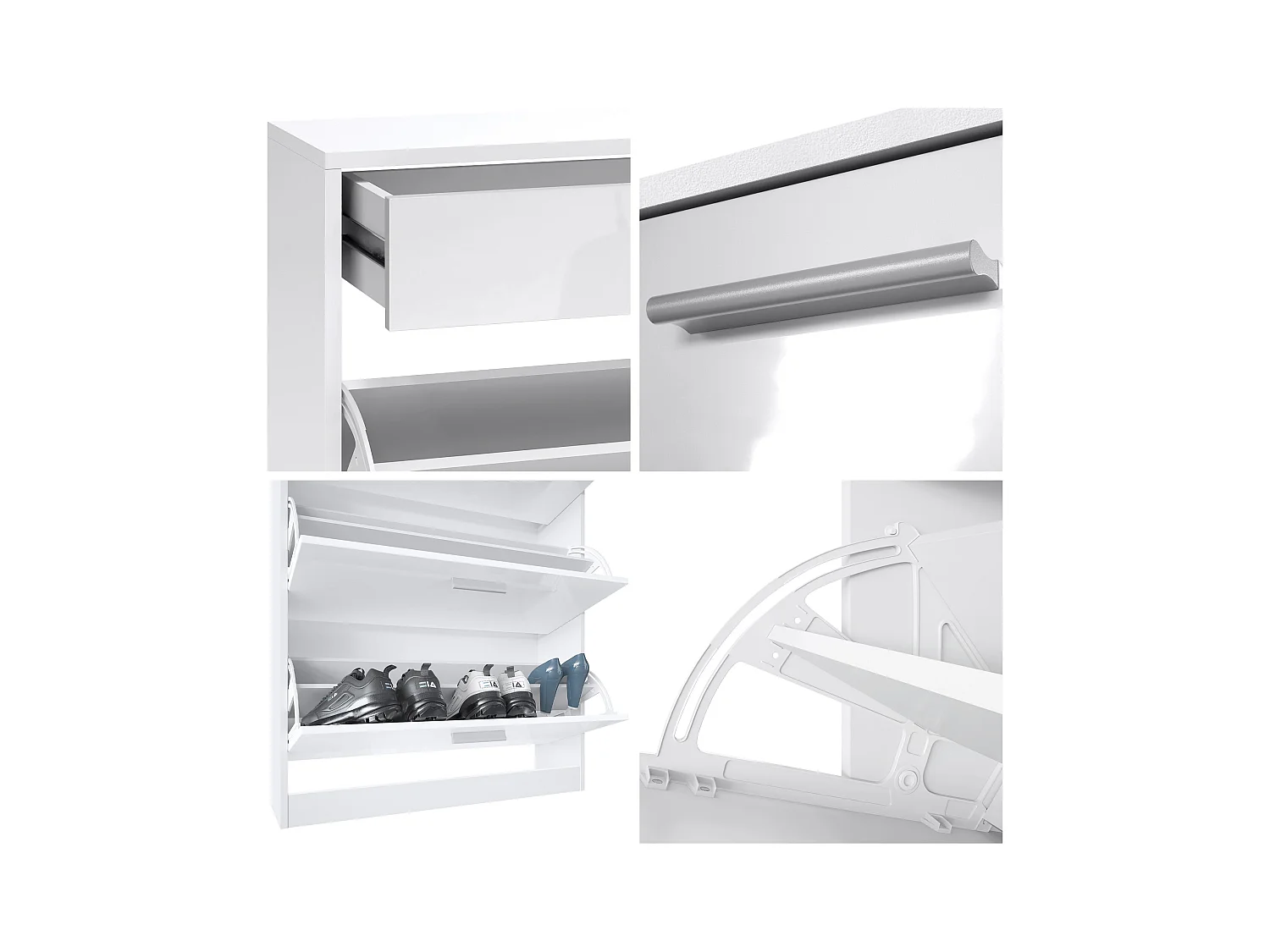 Meuble chaussure Loret, Étagère à chaussures pour 16 paires de chaussures avec 2 clapets à bascule, 1 tiroir, Blanc mat/Mûre brillant (89 x 104 x 23 cm)