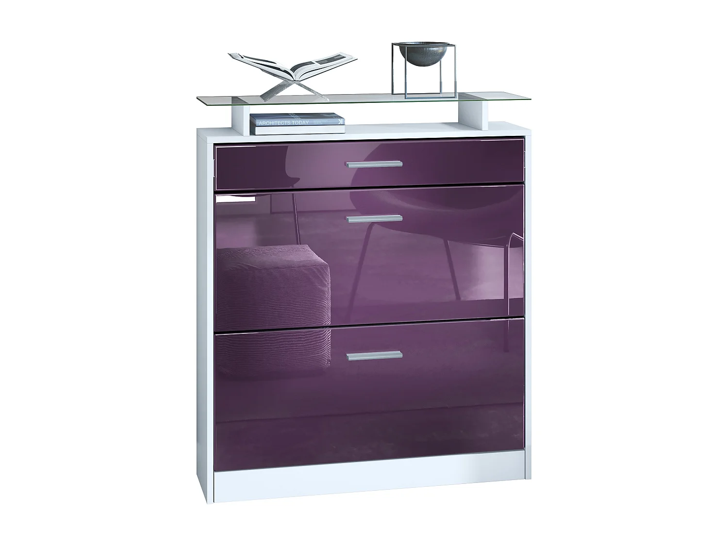 Scarpiera  Loret, mobile per 16 paia di scarpe con 2 ante a ribalta e 1 cassetto e ripiano in vetro, bianco opaco/violetto-porpora (89 x 104 x 23 cm)