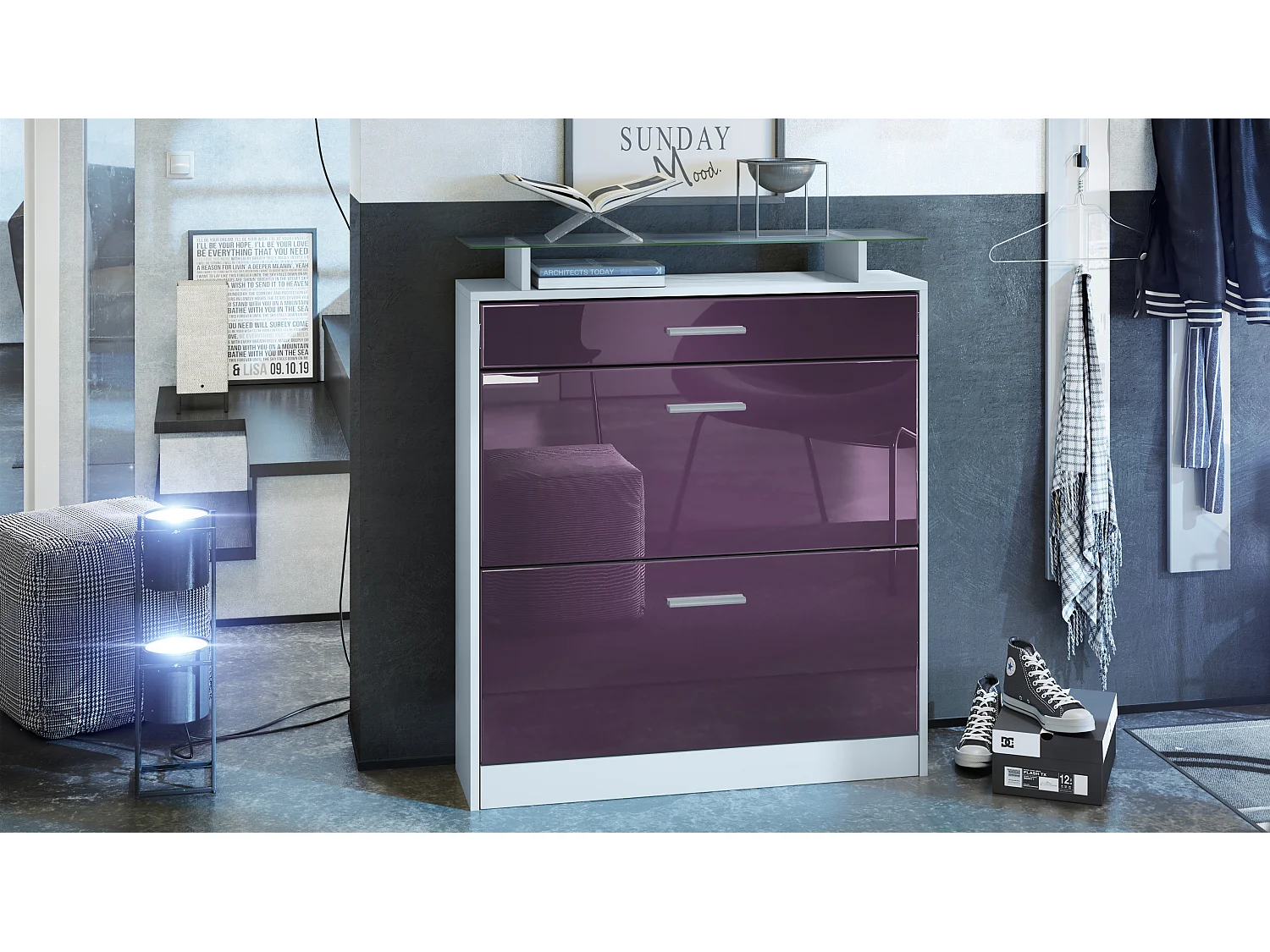 Scarpiera  Loret, mobile per 16 paia di scarpe con 2 ante a ribalta e 1 cassetto e ripiano in vetro, bianco opaco/violetto-porpora (89 x 104 x 23 cm)