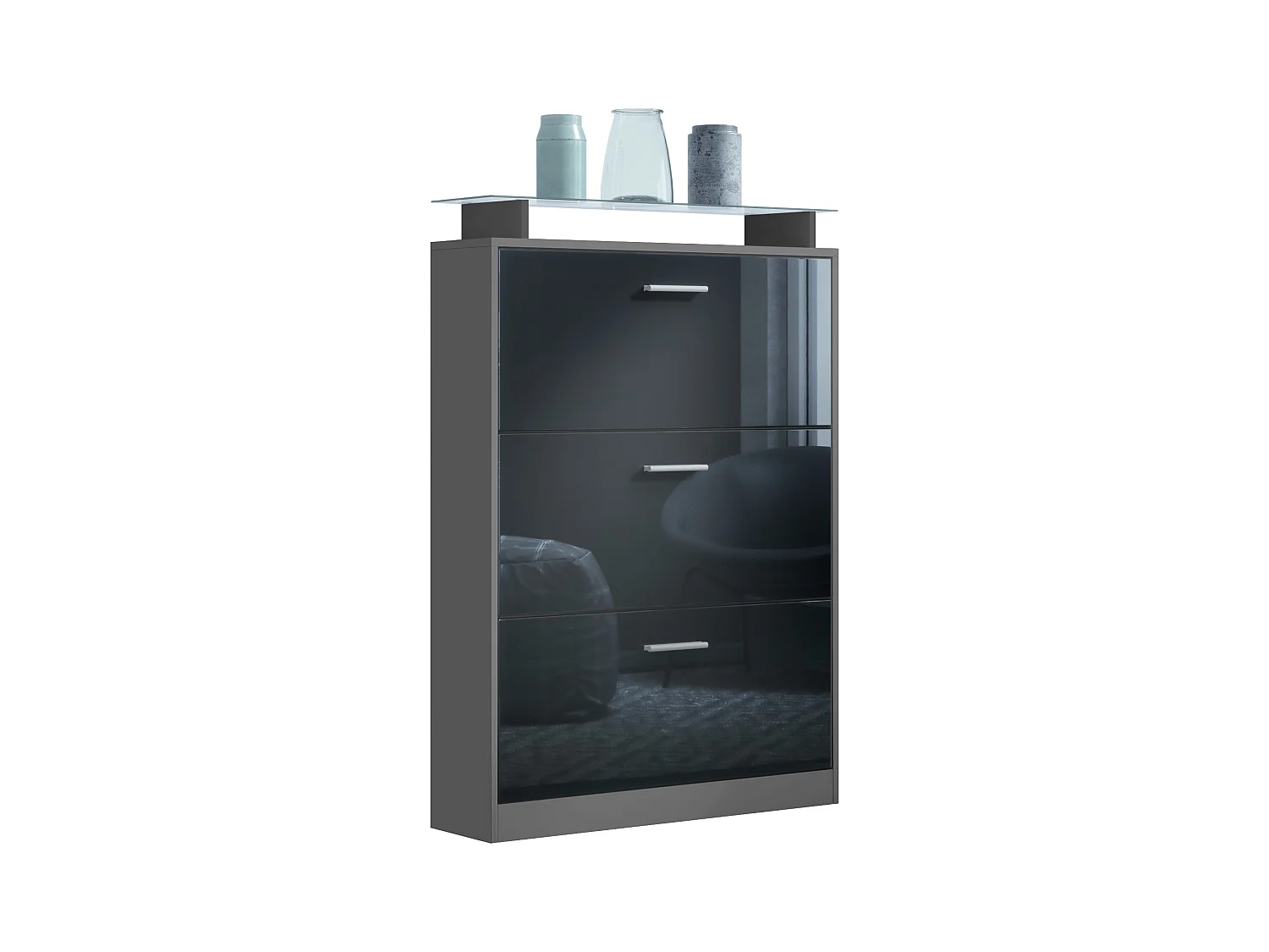 Armoire à chaussures Lavia, benne à chaussures pour 24 paires de chaussures avec 3 abattants et étagère en verre, / (89 x 128 x 23 cm)