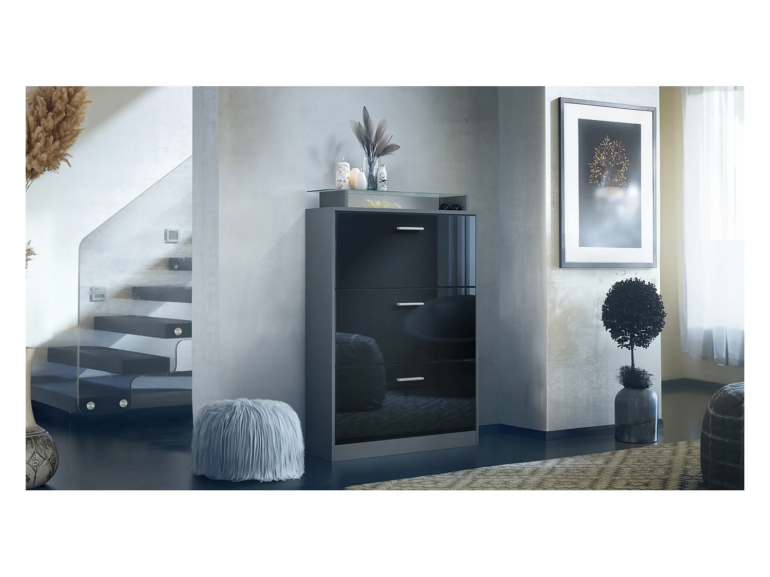 Armoire à chaussures Lavia, benne à chaussures pour 24 paires de chaussures avec 3 abattants et étagère en verre, / (89 x 128 x 23 cm)